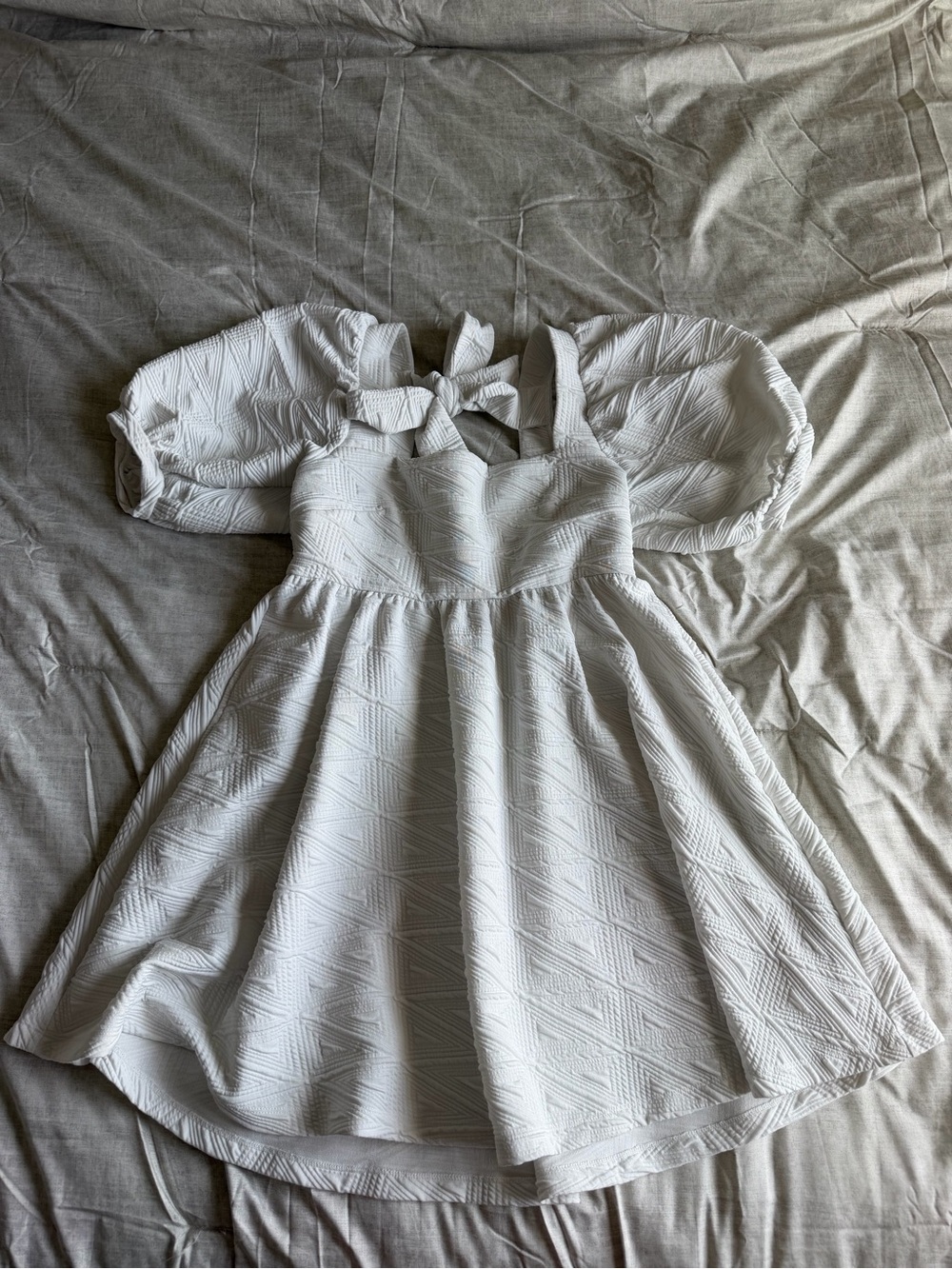 Free People White Textured Puff Sleeve Mini Dress w/ Tie Back (M)